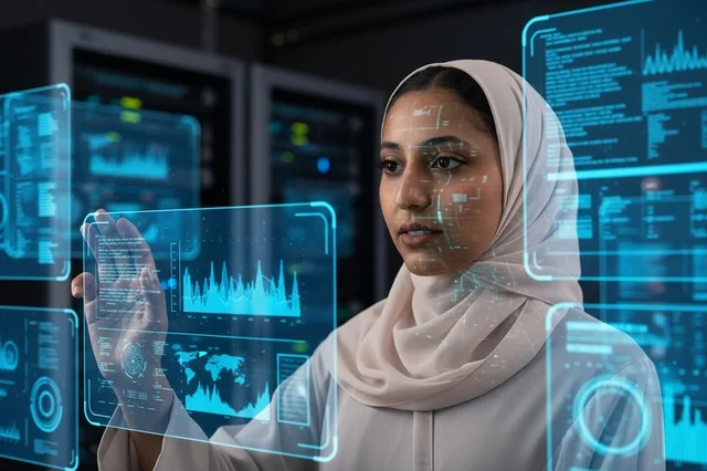 امرأة إماراتية بالحجاب تستخدم تقنية الهولوجرام