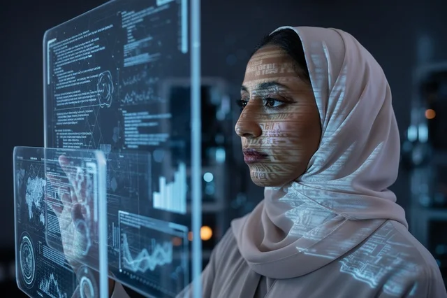 Saudi Woman in Hijab Interacting with Futuristic Screen
