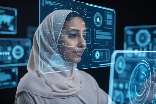 Saudi Woman in Hijab with Futuristic Digital Interface