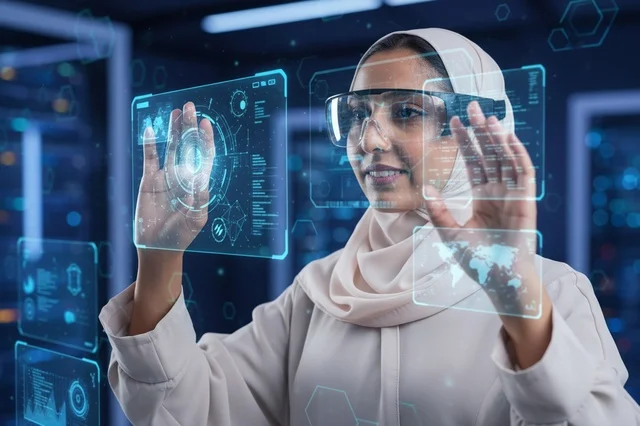 Saudi Woman in Hijab Using Futuristic Hologram Screen