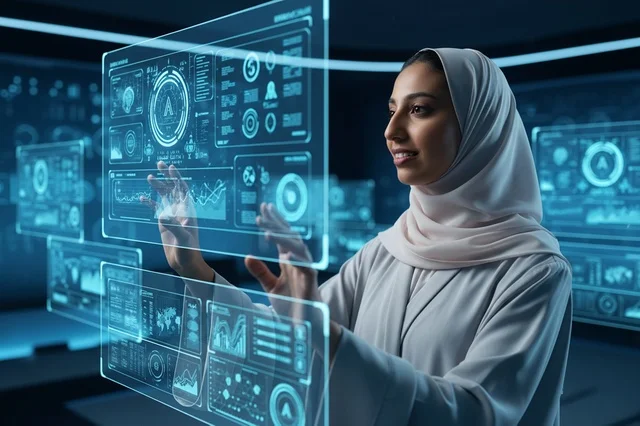 امرأة عربية بالحجاب تتفاعل مع شاشة هولوغرام رقمية