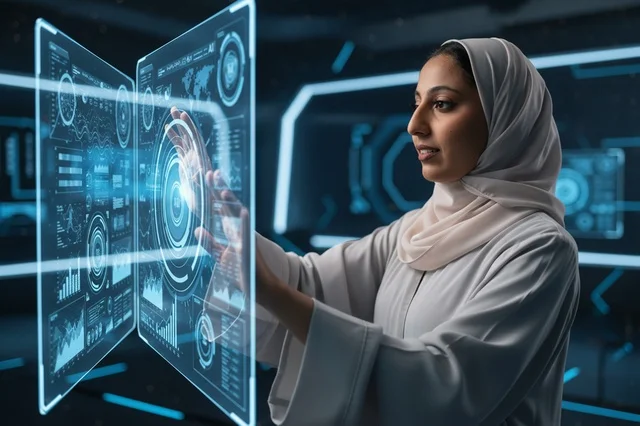 Emirati Woman Interacting with Futuristic Hologram Screen