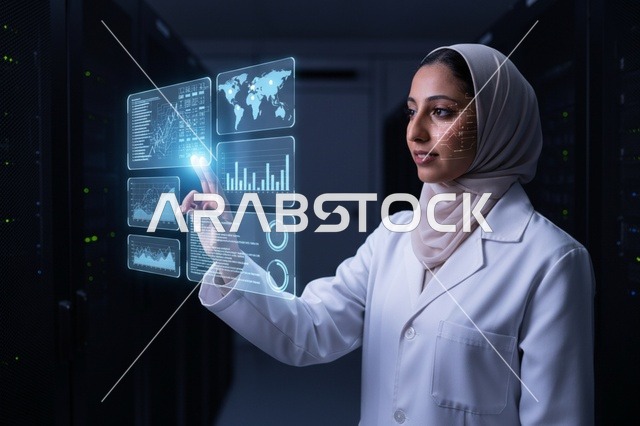عالمة عربية تتفاعل مع شاشة هولوغرام ثلاثية الأبعاد