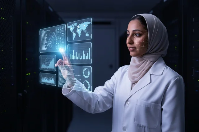 عالمة عربية تتفاعل مع شاشة هولوغرام ثلاثية الأبعاد