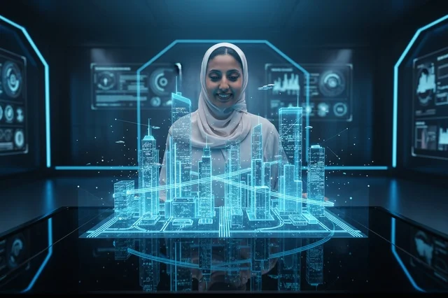 Saudi Woman Interacting with Futuristic City Hologram