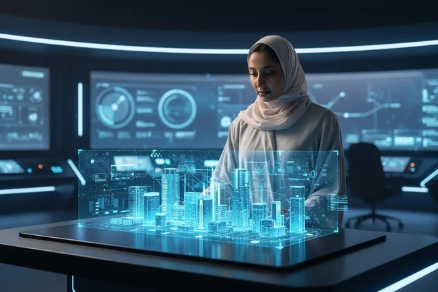 مهندسة إماراتية تتفاعل مع نموذج هولوغرام لمدينة ذكية