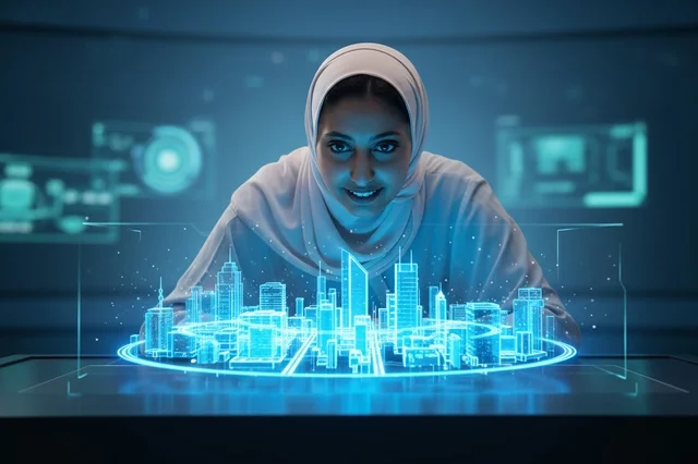 امرأة سعودية تتفاعل مع مجسم هولوجرام لمدينة ذكية
