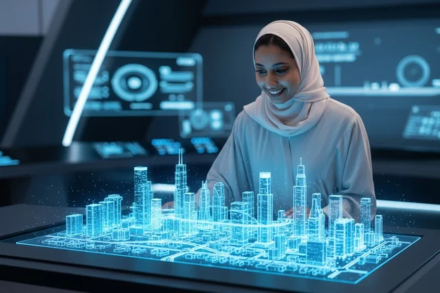 امرأة إماراتية بالحجاب تتصفح هولوغرام المدينة الذكية