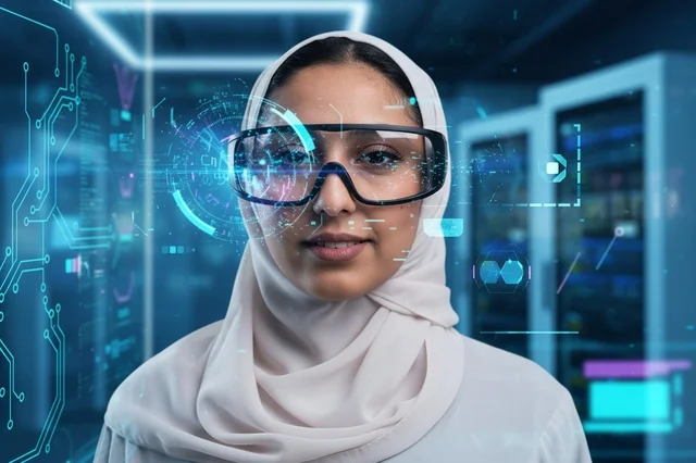 Saudi Female Engineer in Hijab Wearing Smart Glasses