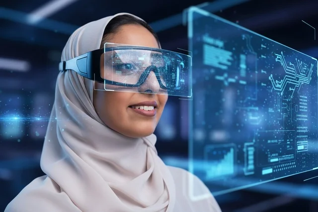 امرأة عربية بالحجاب ترتدي نظارات الواقع المعزز الذكية