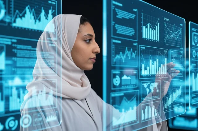 Emirati Woman Interacting with Futuristic Digital Screen