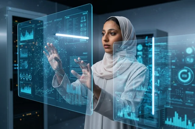 امرأة إماراتية تتفاعل مع شاشة هولوغرام في غرفة الخوادم