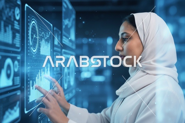 عالمة سعودية تتفاعل مع شاشة هولوغرام رقمية تفاعلية