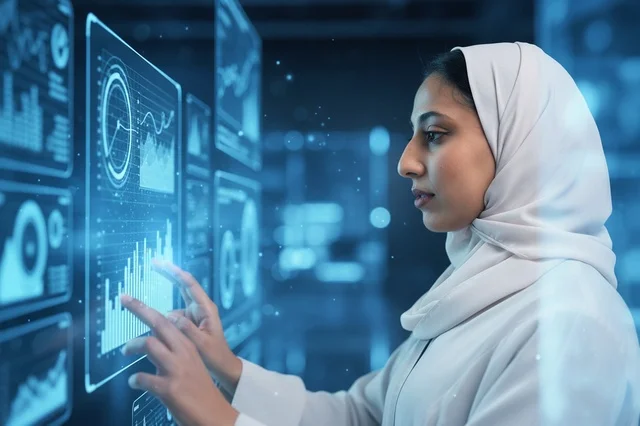 عالمة سعودية تتفاعل مع شاشة هولوغرام رقمية تفاعلية