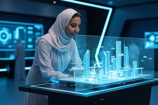مهندسة سعودية تتفحص هولوغرام مدينة ذكية مستقبلي