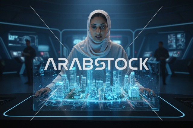 Saudi Female Engineer Interacting With City Hologram