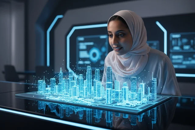 مهندسة سعودية بالحجاب تتأمل مجسم هولوغرام لمدينة ذكية