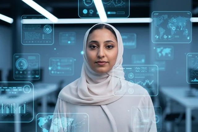Saudi Woman in Hijab with Futuristic Hologram Screen