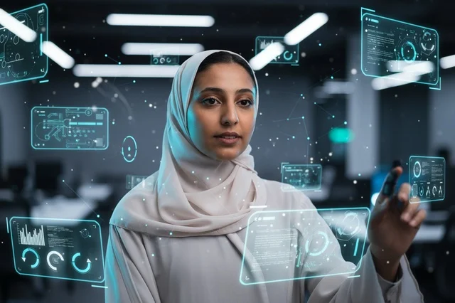 امرأة إماراتية تتفاعل مع واجهة مستخدم هولوغرام ذكية