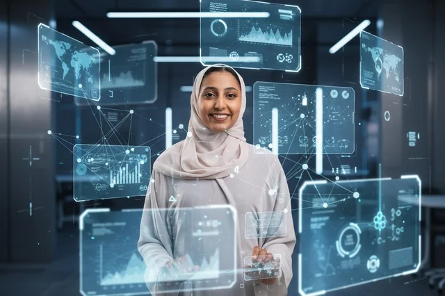 امرأة إماراتية محجبة تتفاعل مع شاشة بيانات هولوغرامية