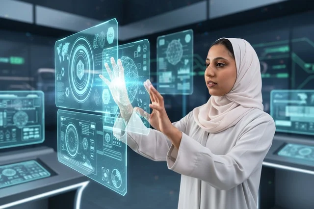 امرأة عربية بالحجاب تتفاعل مع شاشة هولوغرام مستقبلية