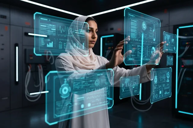 امرأة سعودية بالحجاب تتفاعل مع شاشات هولوغرام ذكية
