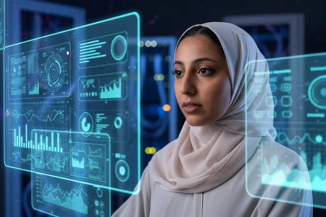 مهندسة سعودية تحلل بيانات الهولوغرام في غرفة الخوادم