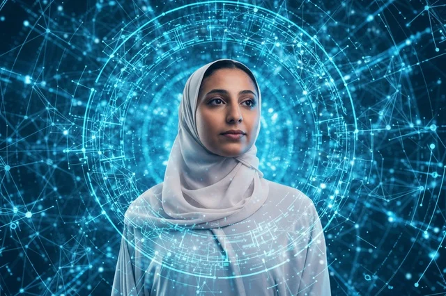 امرأة سعودية ترتدي الحجاب مع واجهة رقمية مستقبلية زرقاء