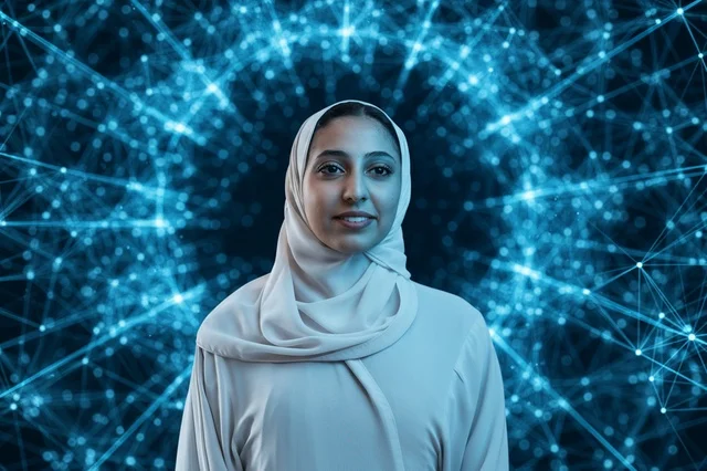 امرأة سعودية بالحجاب والعباءة مع خلفية تكنولوجية زرقاء
