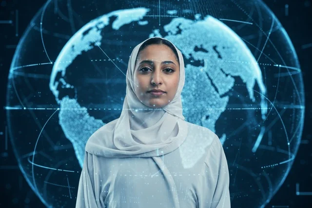 امرأة إماراتية بالحجاب مع خلفية الكرة الأرضية الرقمية