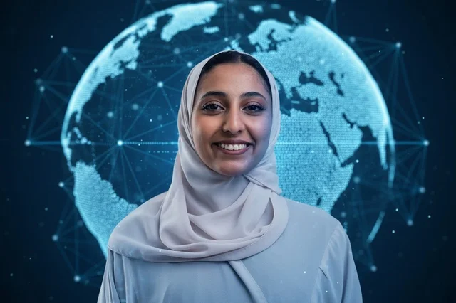 امرأة سعودية بالحجاب مع خلفية الكرة الأرضية الرقمية