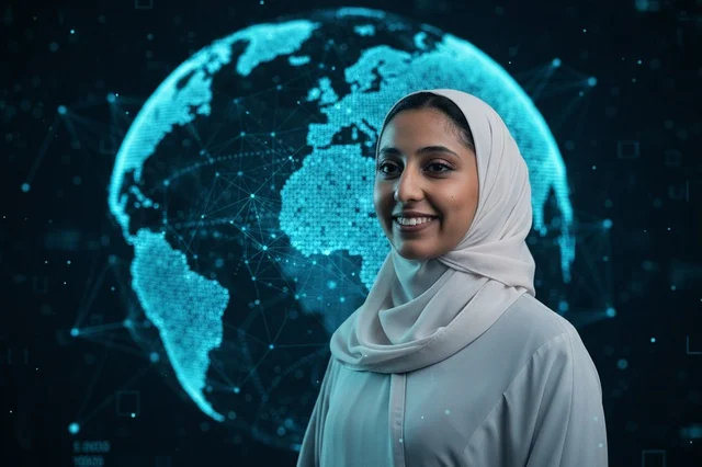امرأة سعودية بالحجاب مع هولوغرام كوكب الأرض الرقمي