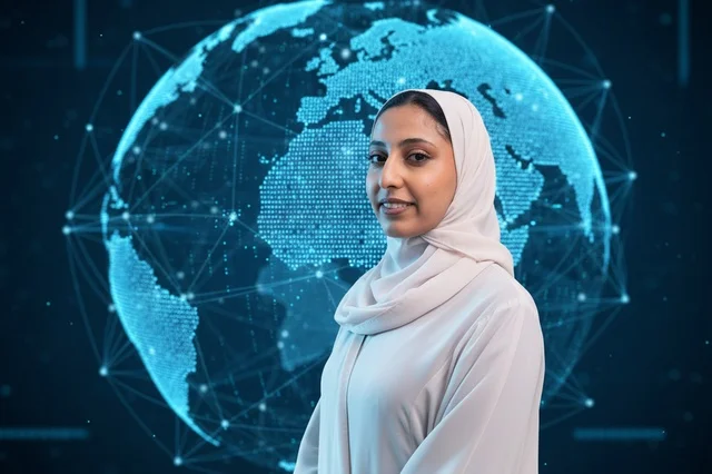 امرأة إماراتية بالحجاب مع مجسم الكرة الأرضية الرقمي