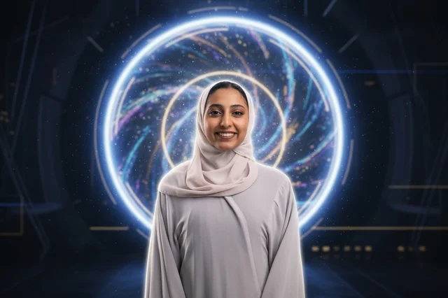 امرأة إماراتية بالعباءة أمام بوابة نيون مستقبلية