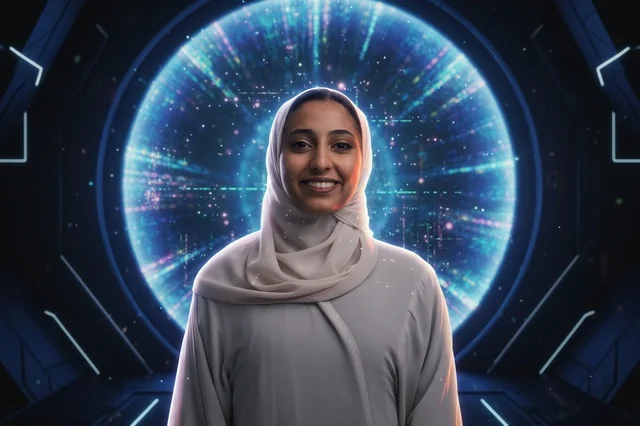 امرأة سعودية بالحجاب أمام بوابة رقمية مستقبلية