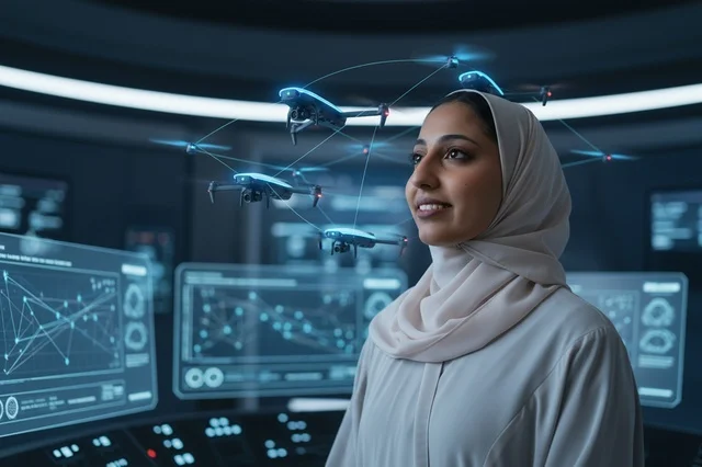 امرأة عربية بالحجاب في غرفة تحكم مستقبلية مع طائرات درون