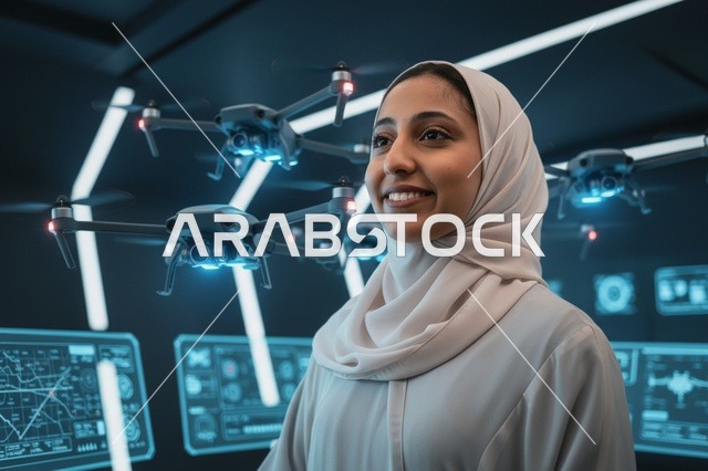 مهندسة طائرات بدون طيار سعودية في غرفة تحكم مستقبلية