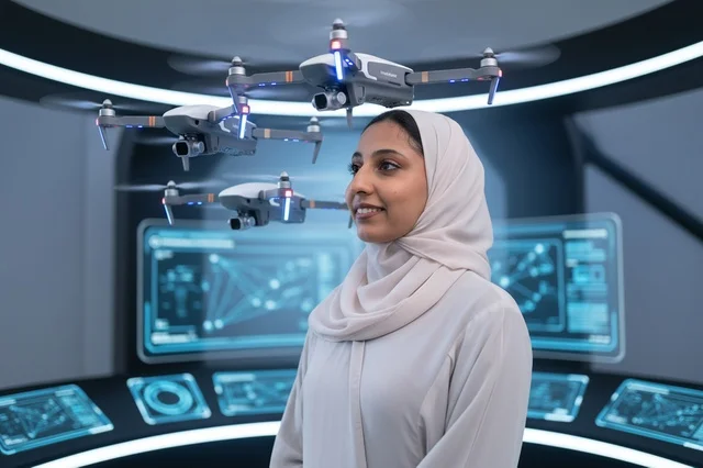 Emirati Woman with Drones in Futuristic Control Room