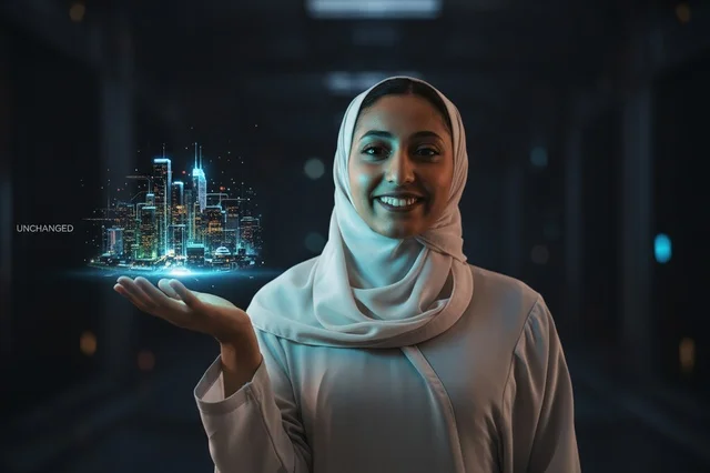 امرأة إماراتية تحمل مجسم هولوغرام لمدينة ذكية مستقبلية