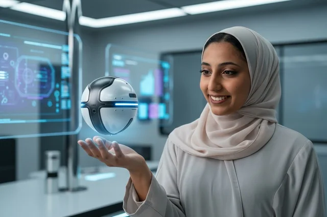 امرأة سعودية محجبة تتفاعل مع روبوت مستقبلي في المختبر