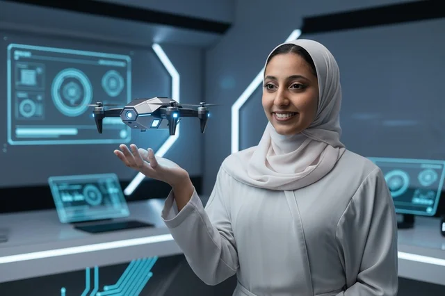 مهندسة إماراتية مع طائرة درون في مختبر مستقبلي حديث
