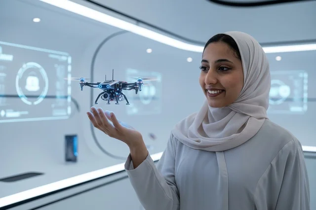 امرأة إماراتية مع طائرة بدون طيار في مختبر مستقبلي