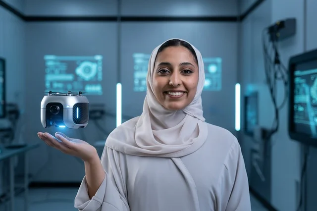Emirati Woman Wearing Hijab with Drone in Tech Lab
