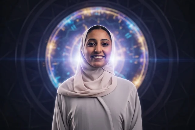 Saudi Woman in Hijab with Futuristic Tech Background