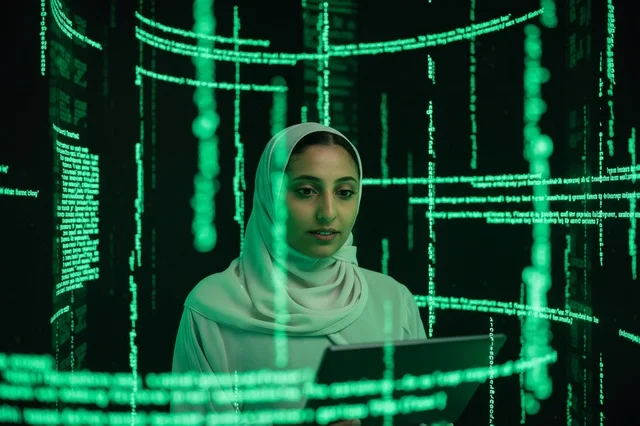مبرمجة إماراتية ترتدي الحجاب مع رموز برمجية رقمية