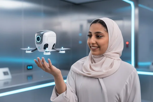 امرأة سعودية مع طائرة بدون طيار في مختبر حديث