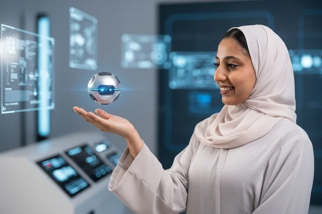 امرأة إماراتية تتفاعل مع روبوت في مختبر تقني مستقبلي