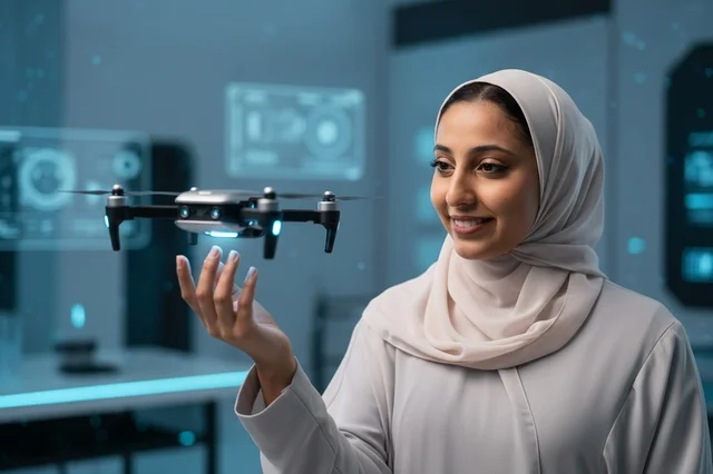 امرأة إماراتية تتحكم بطائرة بدون طيار في مختبر تقني