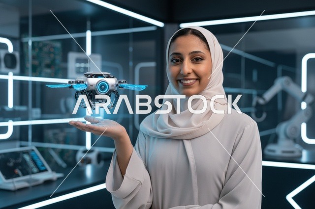 مهندسة عربية تحمل طائرة بدون طيار في مختبر روبوتات