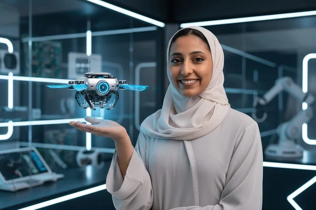 Arab Female Engineer holding Drone in Robotics Lab